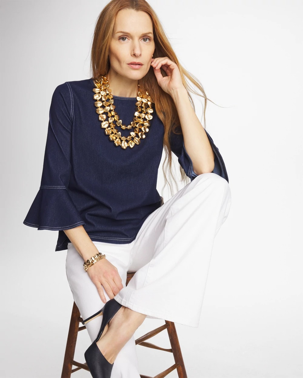 Denim Indigo Denim Trumpet Sleeve Top