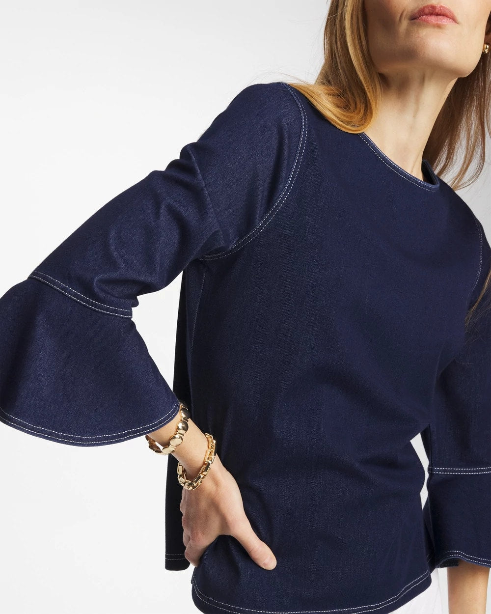Denim Indigo Denim Trumpet Sleeve Top