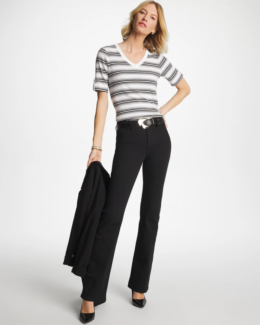 Black Pima V-Neck Tab Sleeve Tee