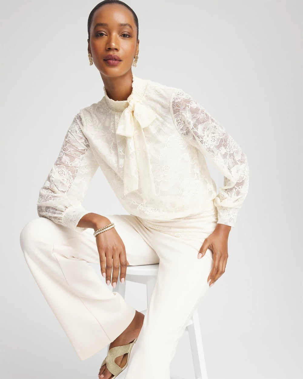 English Cream Tie-Neck Banded-Bottom Top
