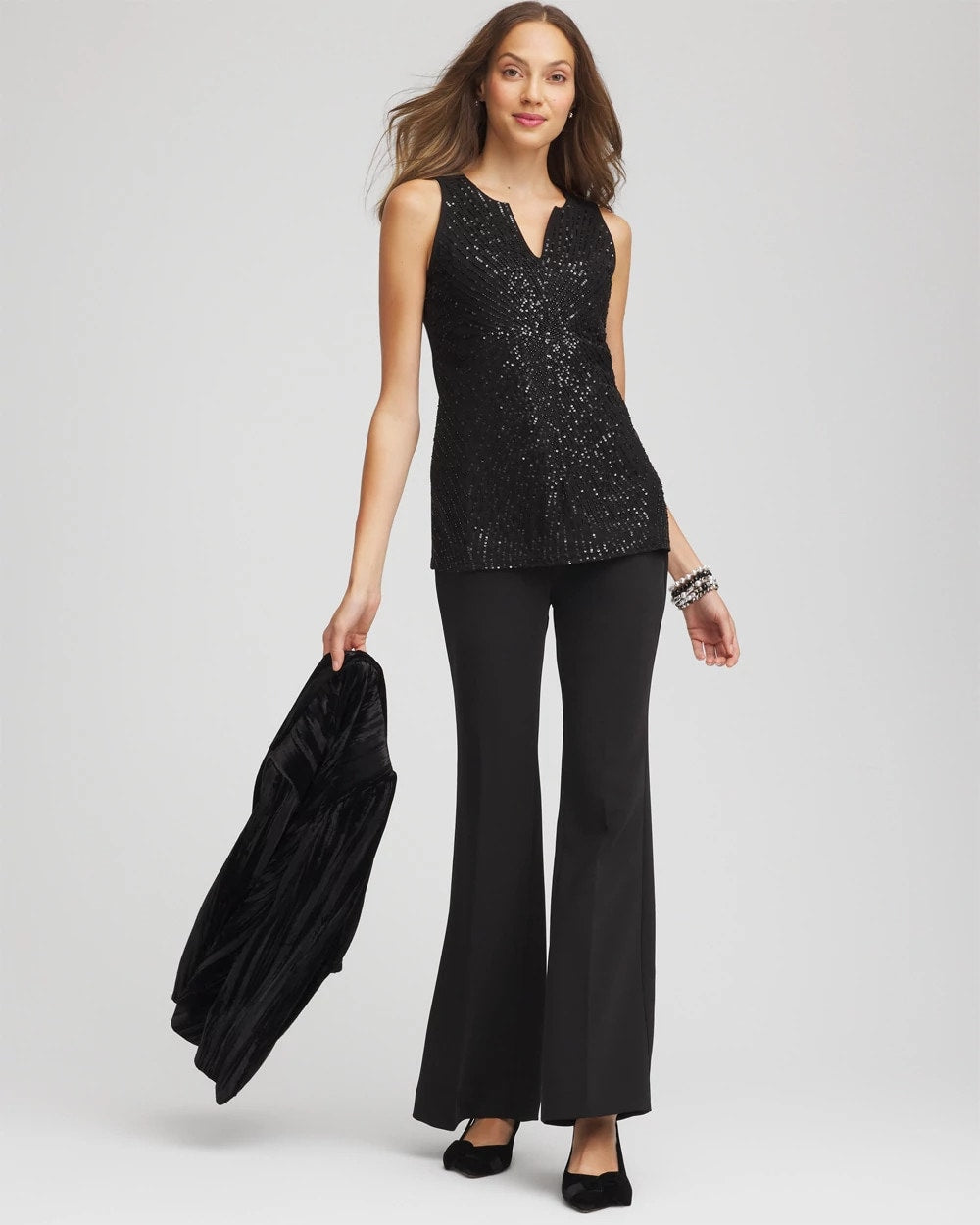 Black Sequin Beaded Notch Neck Tank