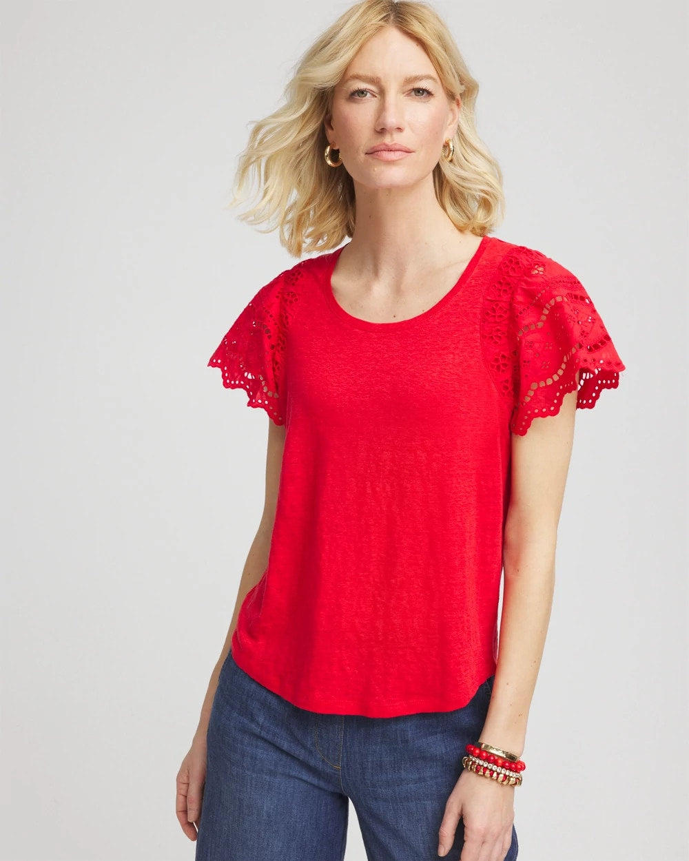 Red Glow Linen Embroidered Lace Tee