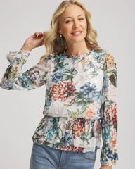 Ecru Rose Print Crinkle Top