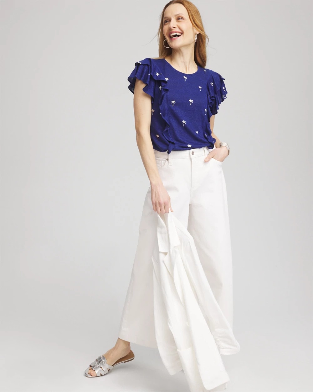 Blue Casa Foiled Flutter-Sleeve Linen Tee