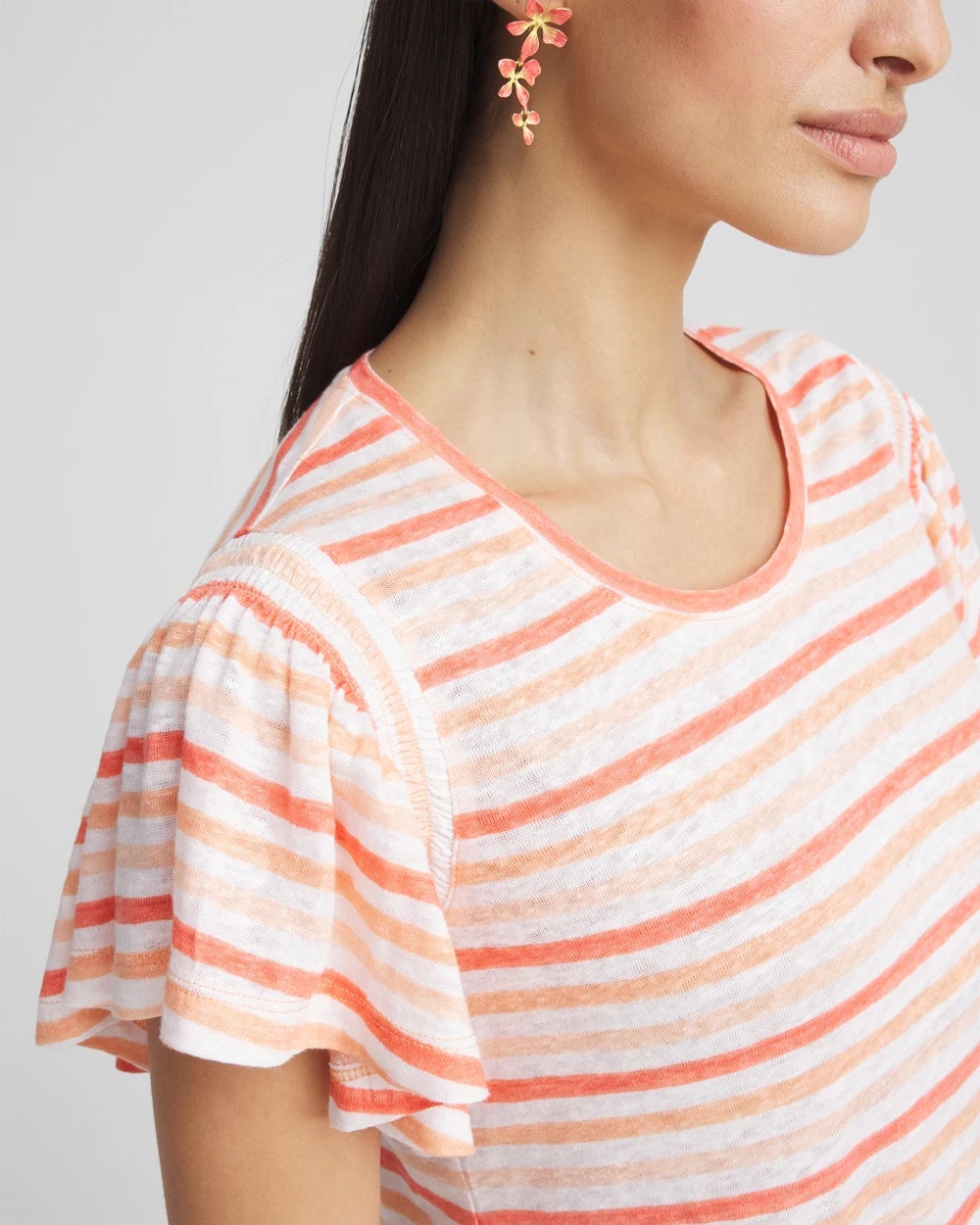 Melon Mambo Striped Linen Smocked Flutter-Sleeved Tee