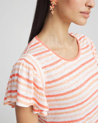 Melon Mambo Striped Linen Smocked Flutter-Sleeved Tee