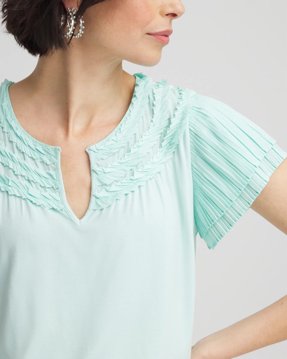 Teal Waters Touch of Cool™ Layered Pleated Flutter Tee