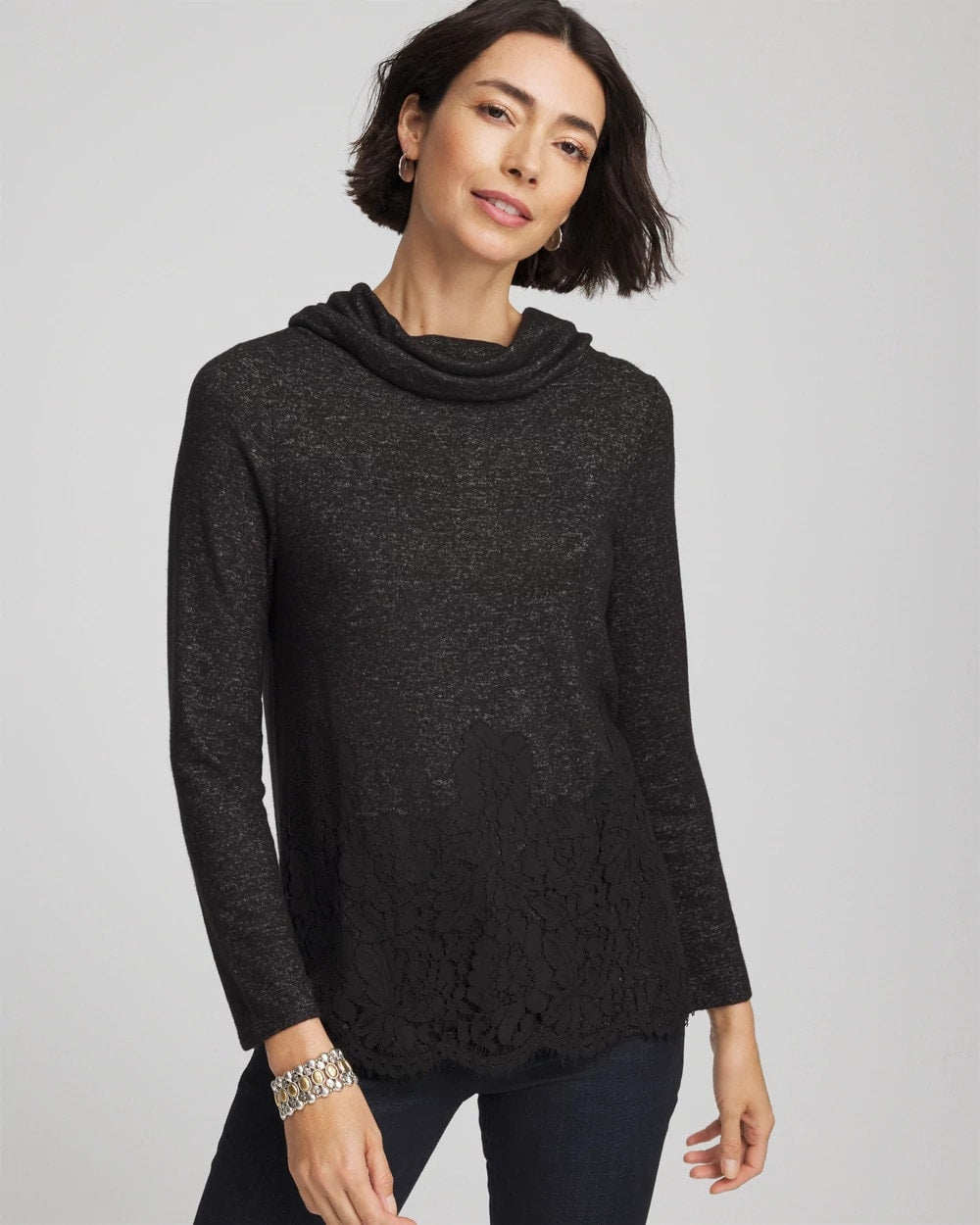 Black Lace Hem Cowlneck Top
