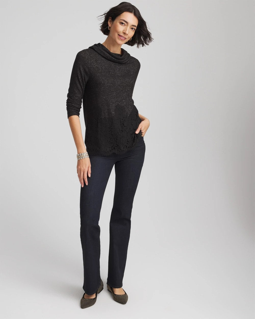 Black Lace Hem Cowlneck Top