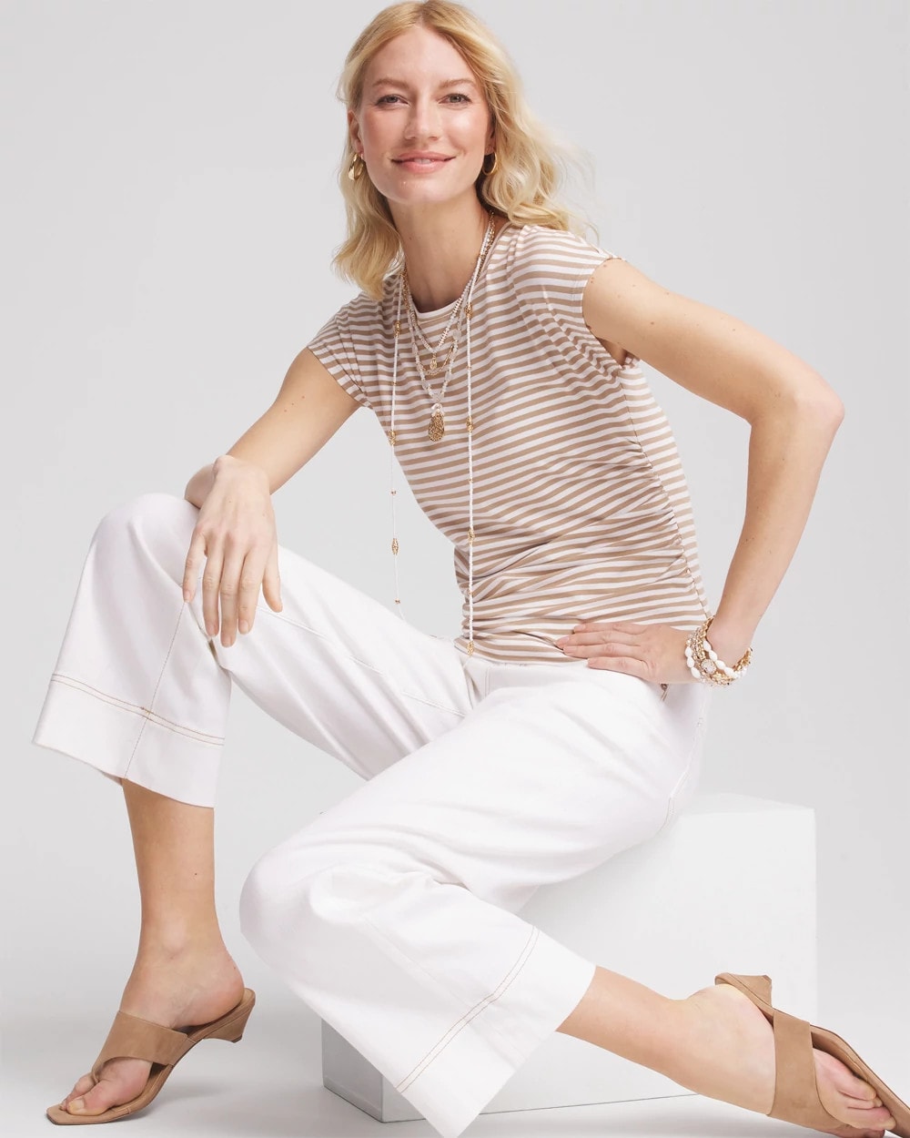 Cafe Aroma Neutral Striped Cap Sleeve Dolman Tee