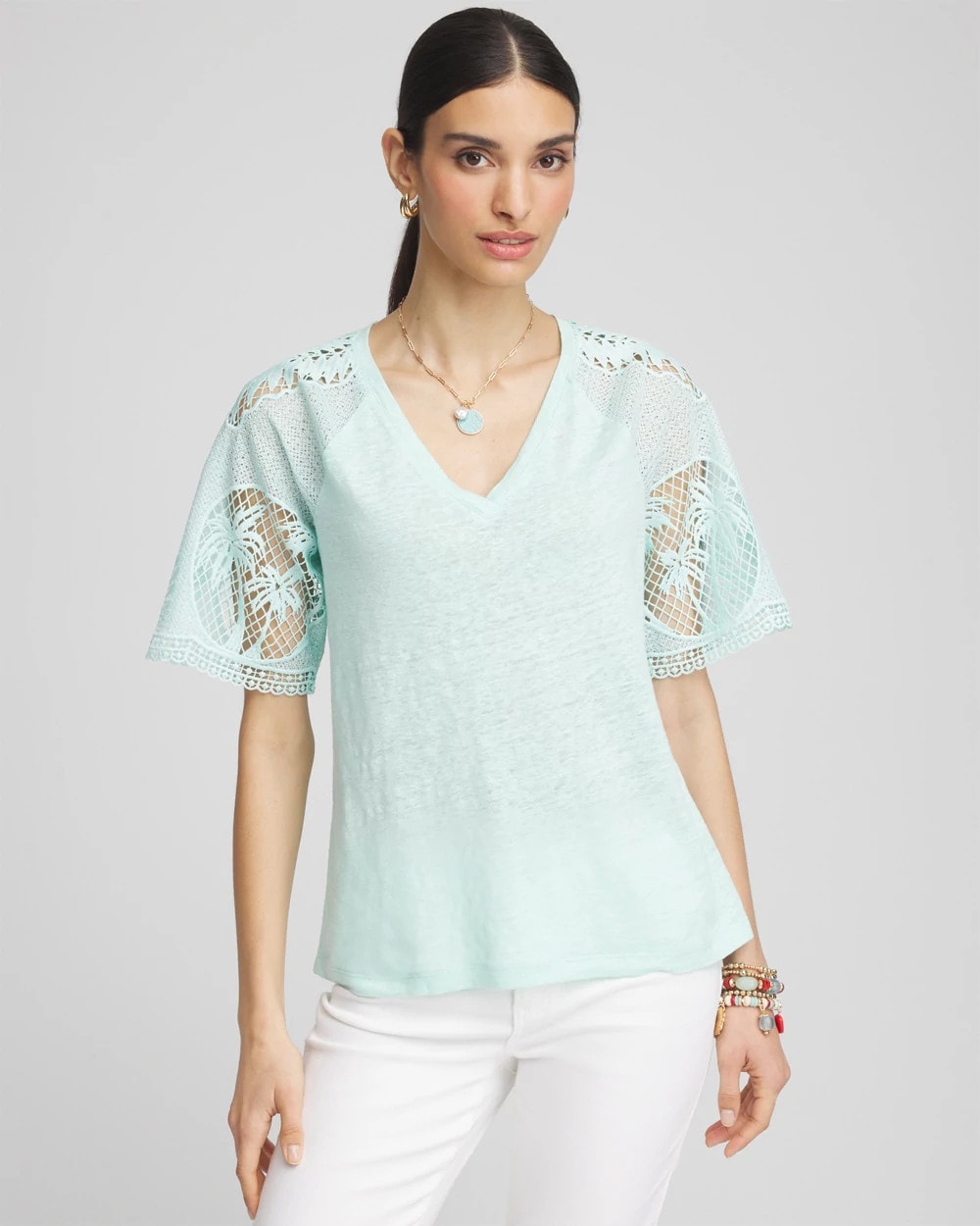 Teal Waters Linen Crochet Lace Short Sleeve Tee