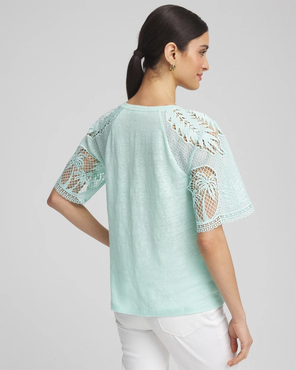 Teal Waters Linen Crochet Lace Short Sleeve Tee