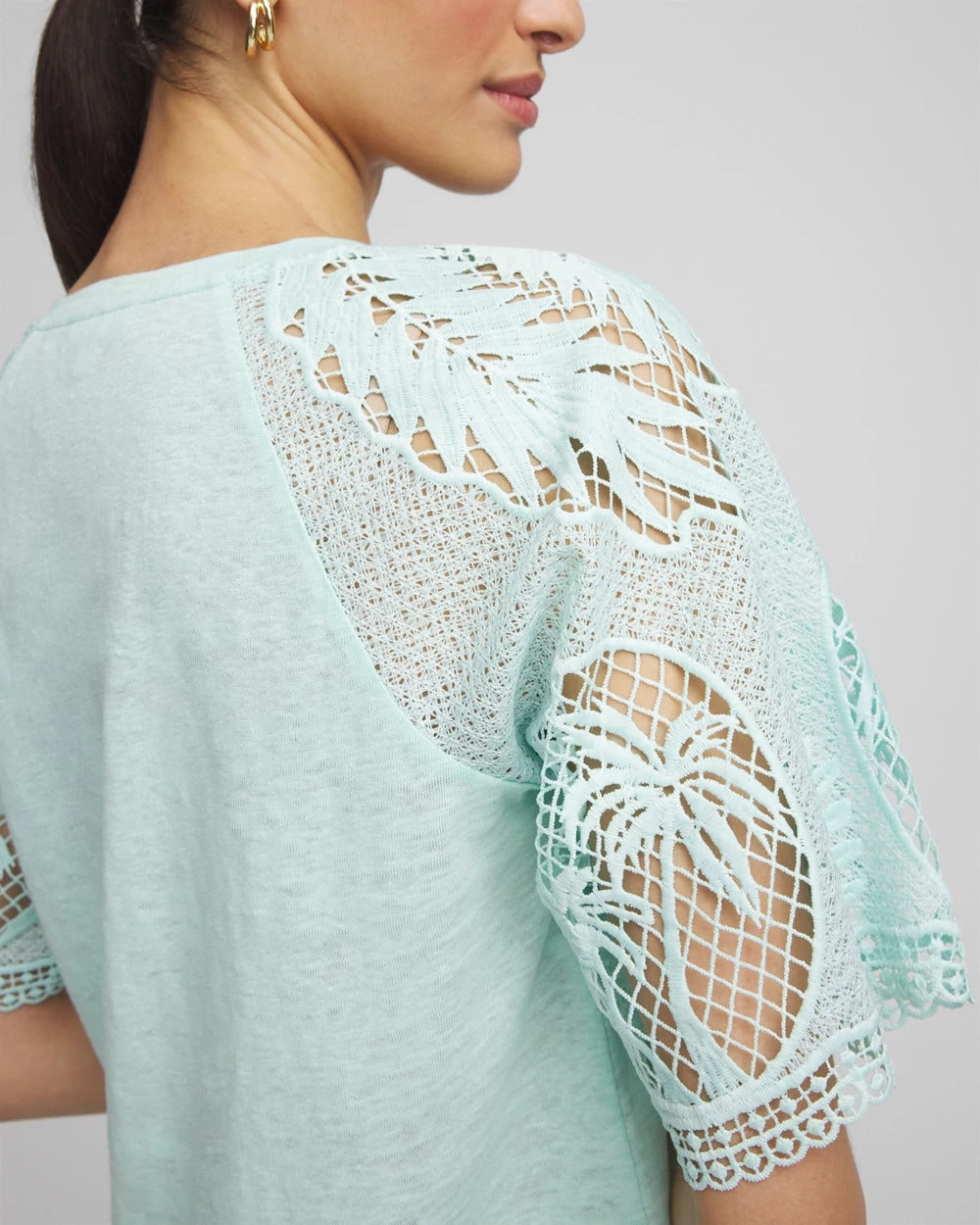 Teal Waters Linen Crochet Lace Short Sleeve Tee