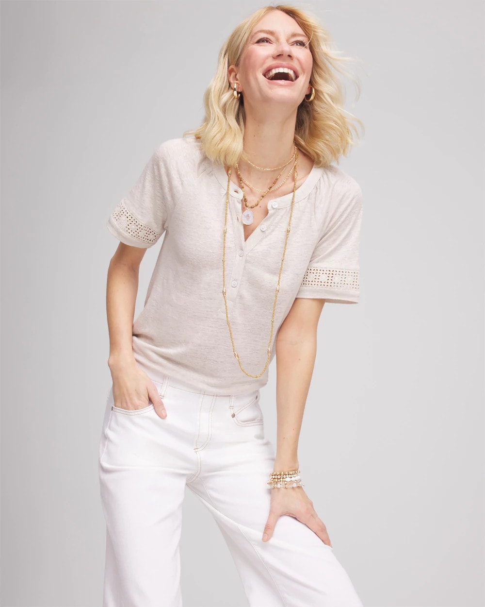 River Rock Linen Lace-Cutwork Sleeve Henley Tee