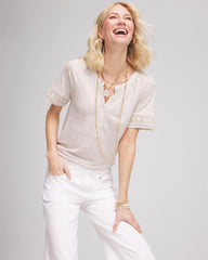 River Rock Linen Lace-Cutwork Sleeve Henley Tee