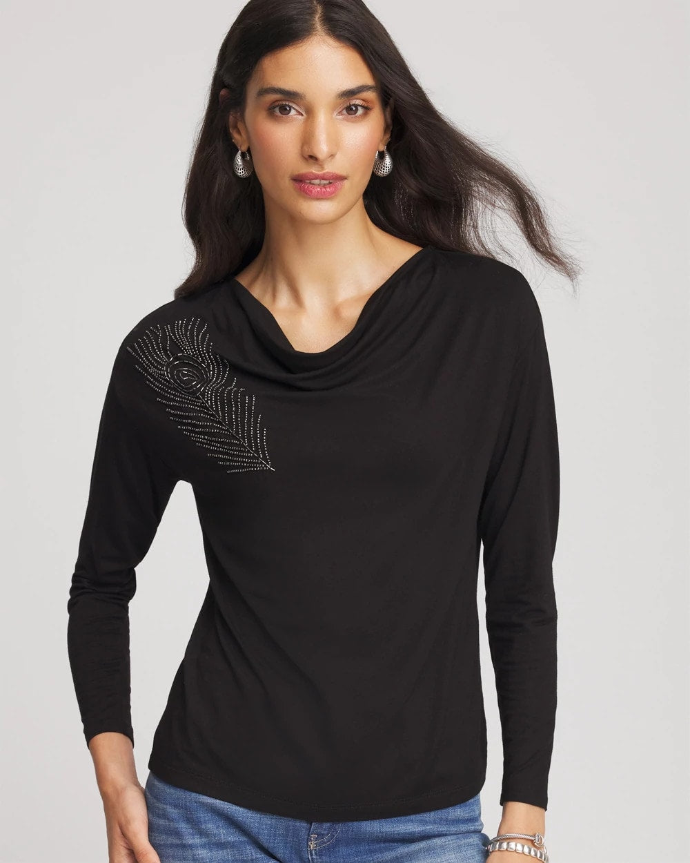 Black Embellished Cowlneck Dolman Tee