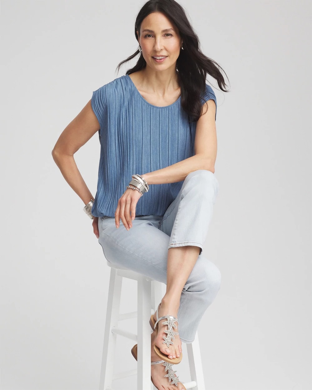 Indigo Melange Pleated Bubble-Hem Top