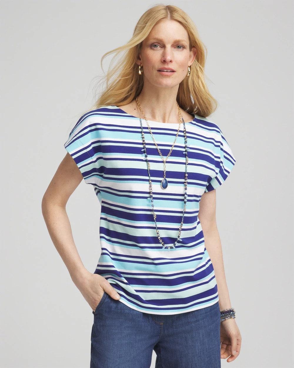 Paradiso Blue Stripe Modern Cap Sleeve Tee