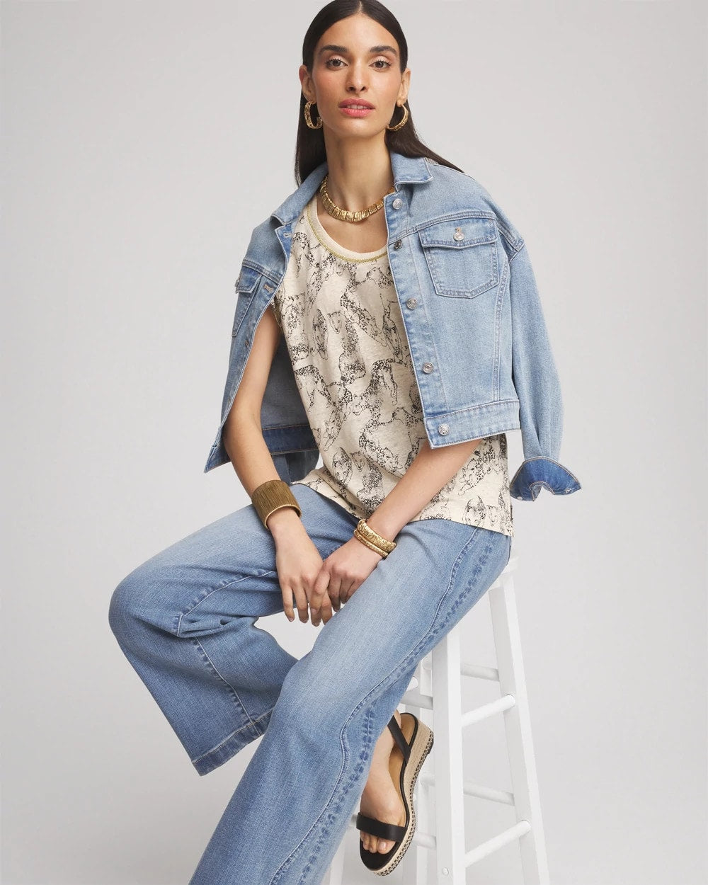 Glistening Sand Panther Sweater-Trim Linen Tee