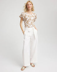 Cafe Aroma Linen Leaf Print Flutter Sleeve Tee