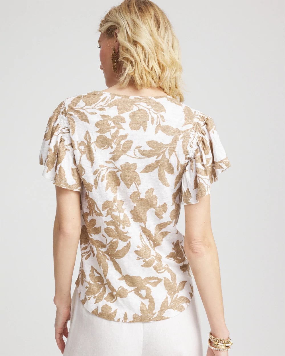 Cafe Aroma Linen Leaf Print Flutter Sleeve Tee