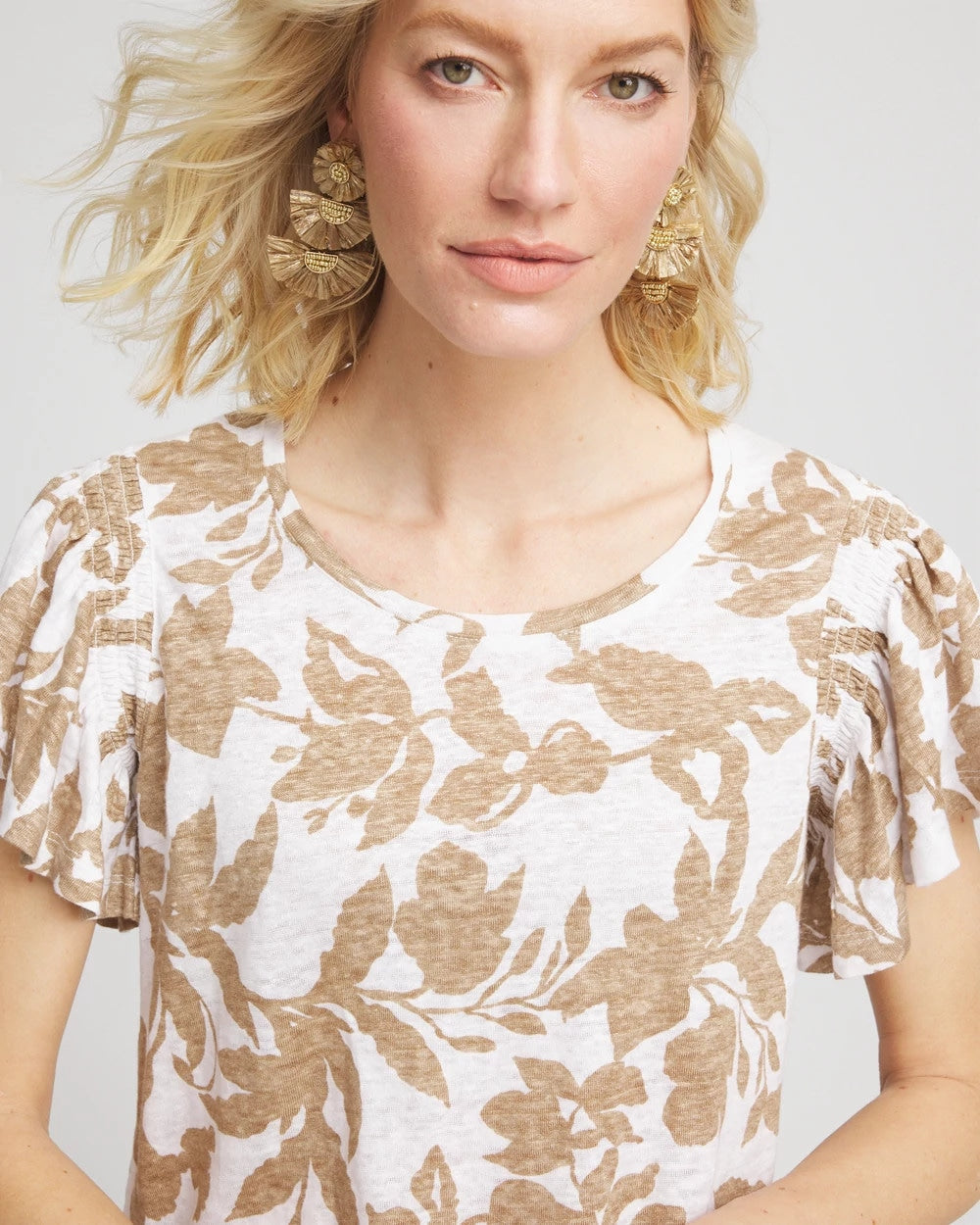 Cafe Aroma Linen Leaf Print Flutter Sleeve Tee
