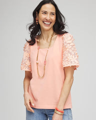 Coral Blossom Floral Sleeved Square-Neck Tee
