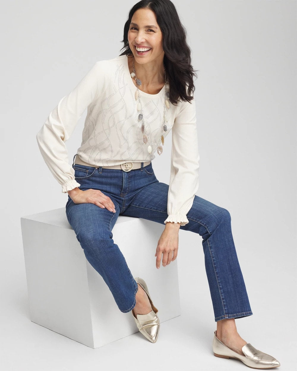 English Cream Embellished Long-sleeve Top