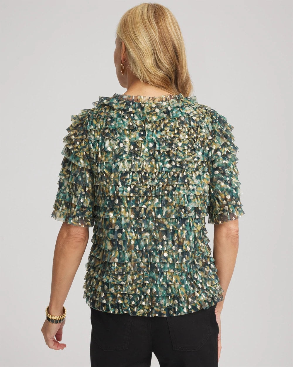 Darkest Spruce Foiled Mesh Ruffle Crop Tee