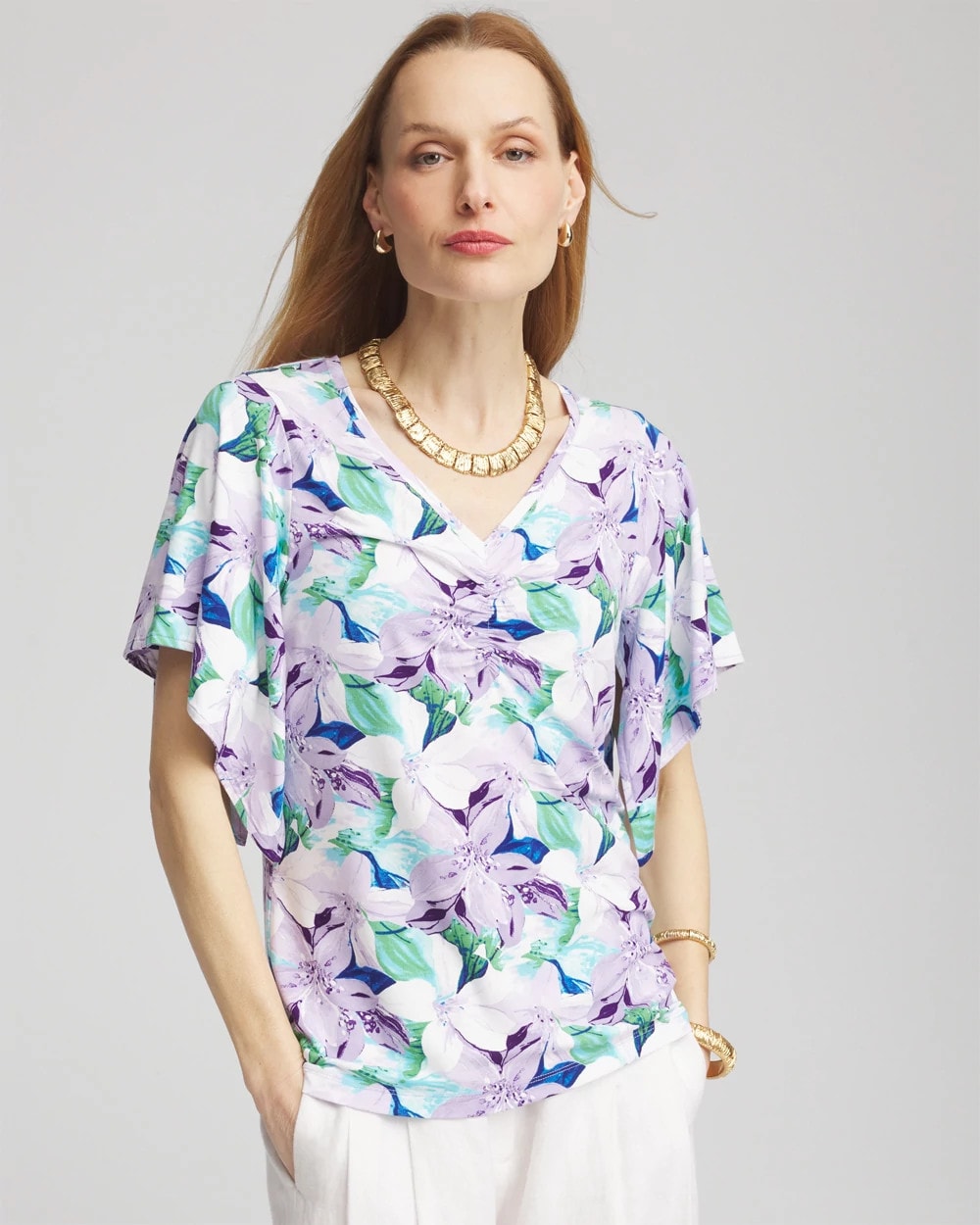 Gentle Lavender Touch of Cool™ Lily Handkerchief-Sleeve V-Neck Tee