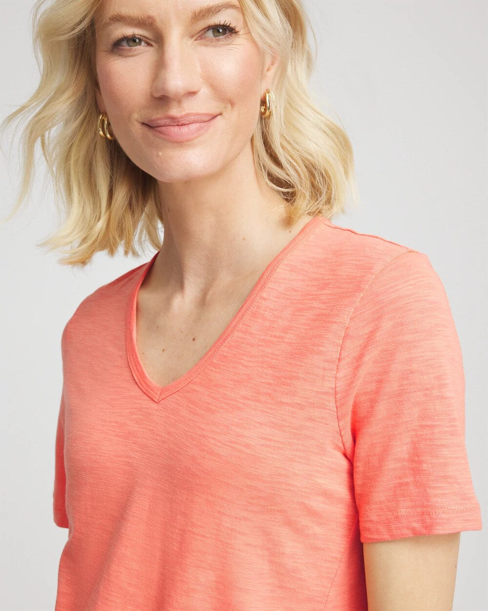 Sunset Peach Slub V-Neck Tee