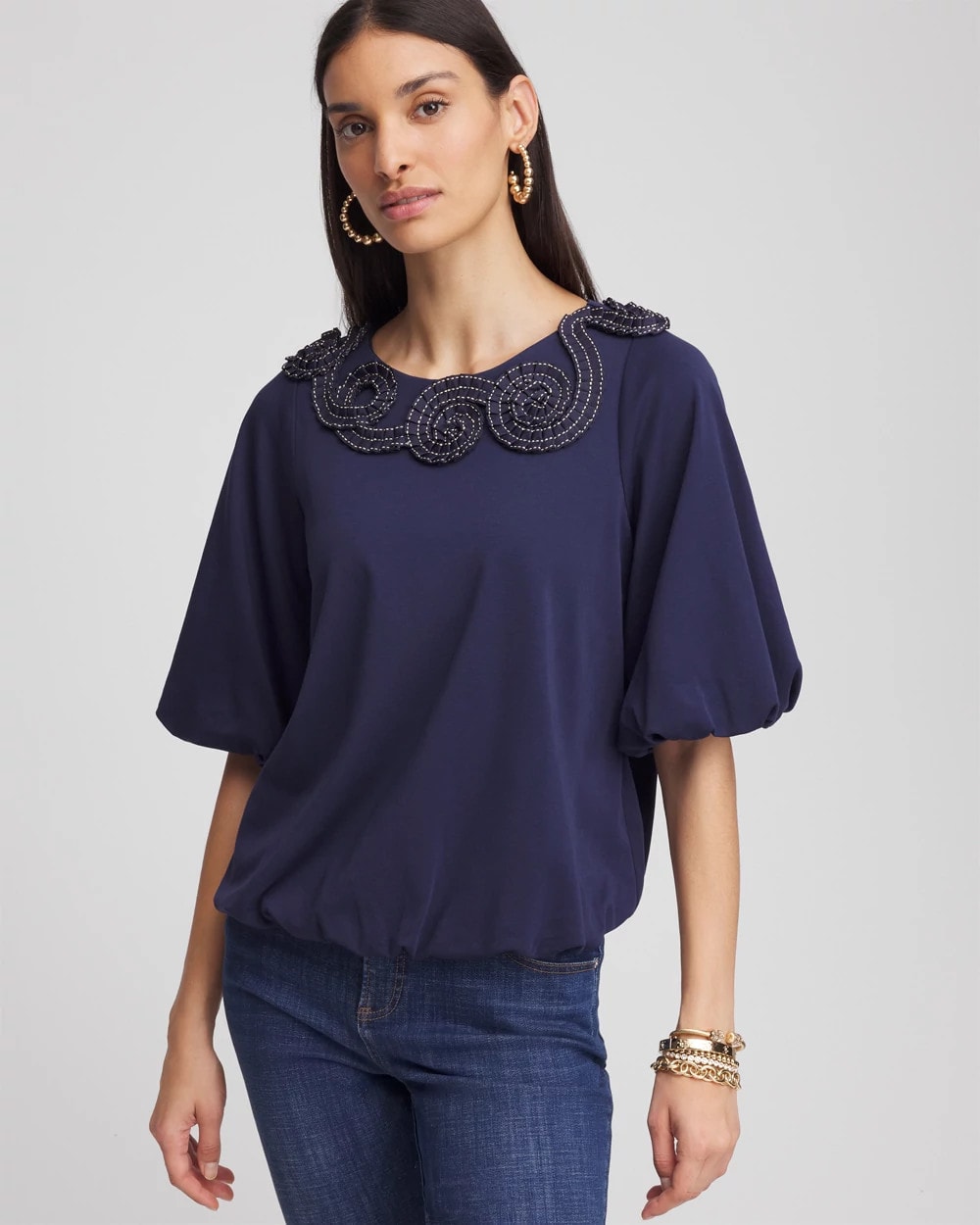 Passport Blue Bubble Hem Pleated Cotton Top
