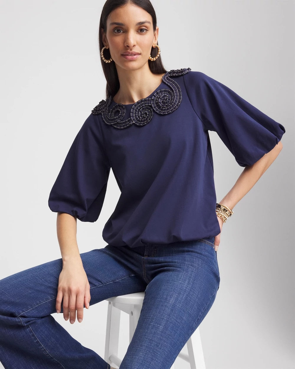 Passport Blue Bubble Hem Pleated Cotton Top