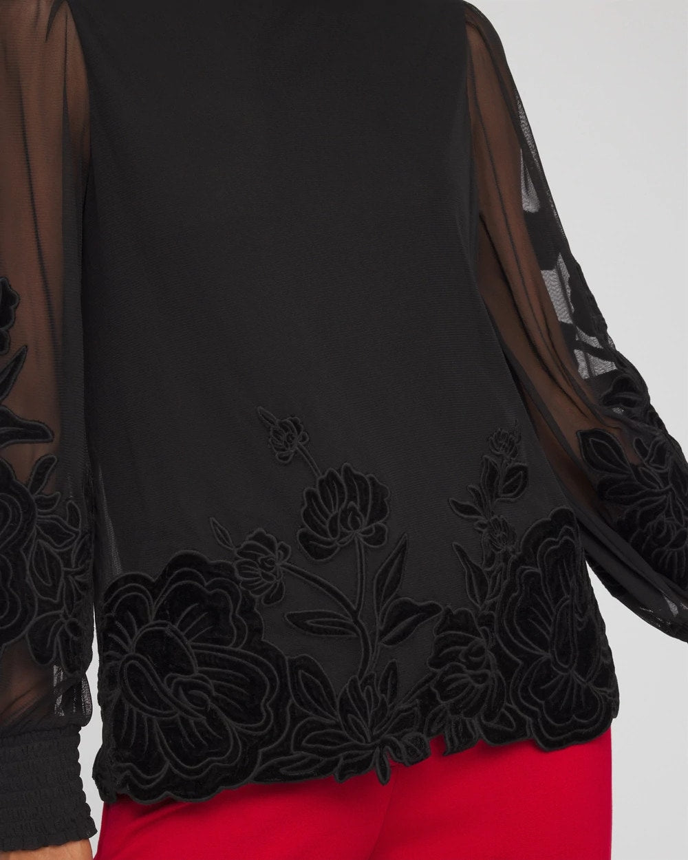 Black Sheer Mesh Velvet Appliqué Top