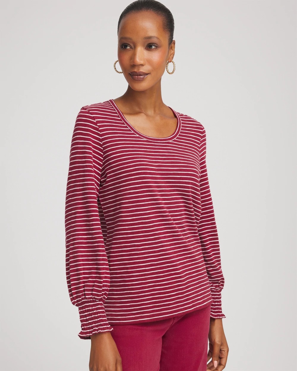 Russet Red Smocked-Sleeve Cotton-Slub Tee