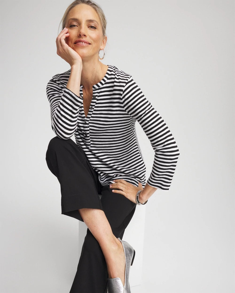 Black Striped Slub Splitneck Henley Tee