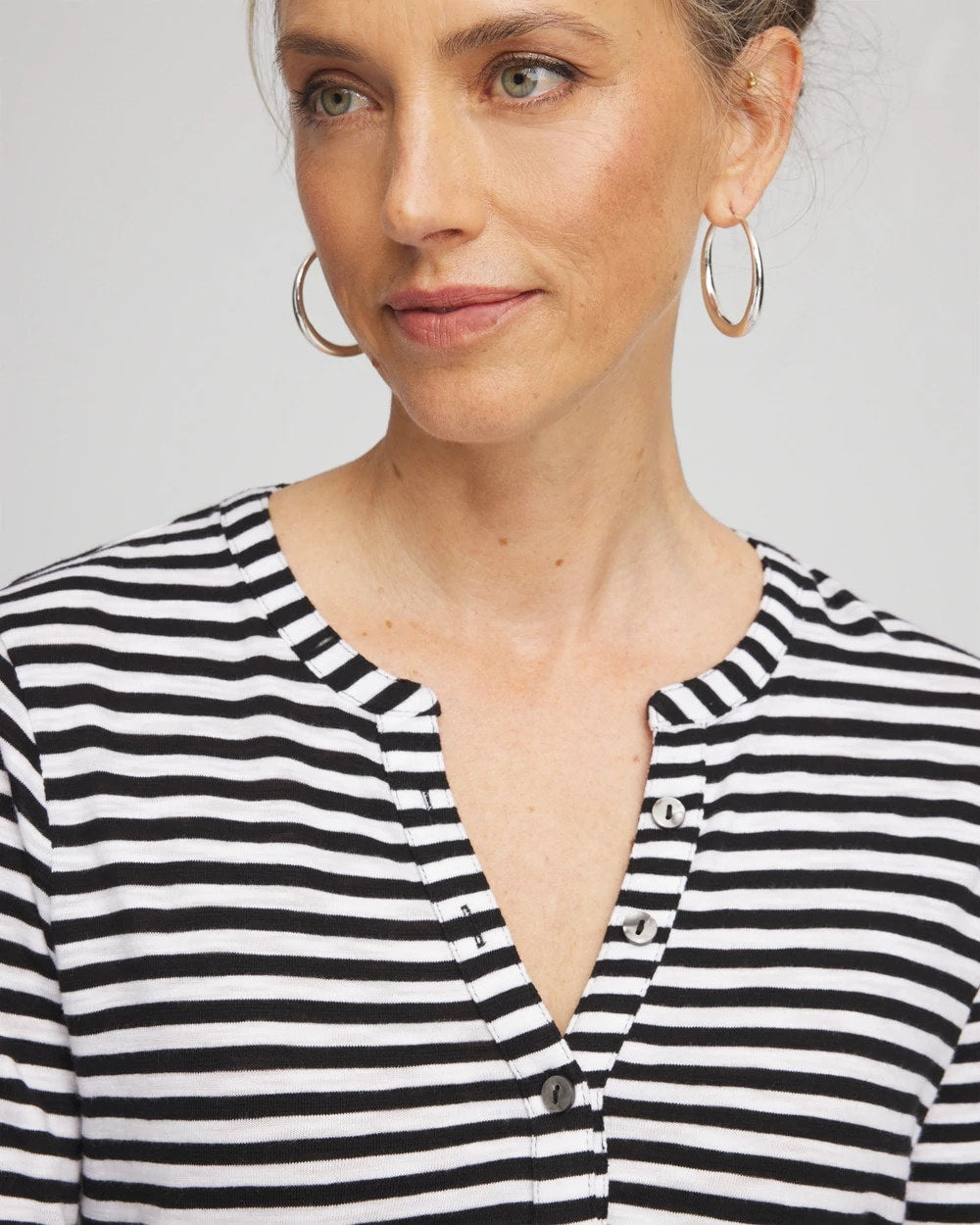 Black Striped Slub Splitneck Henley Tee