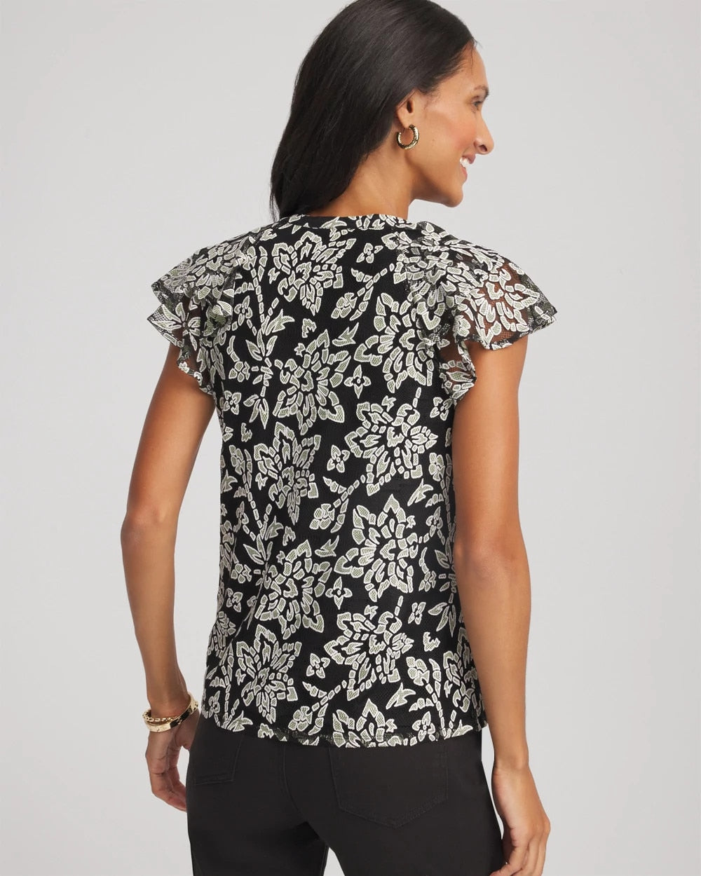 Black Lace Floral-Burnout Henley Tee
