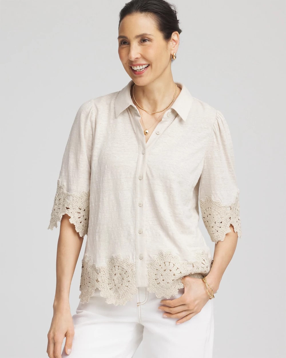 River Rock Crochet Trim Linen Shirt