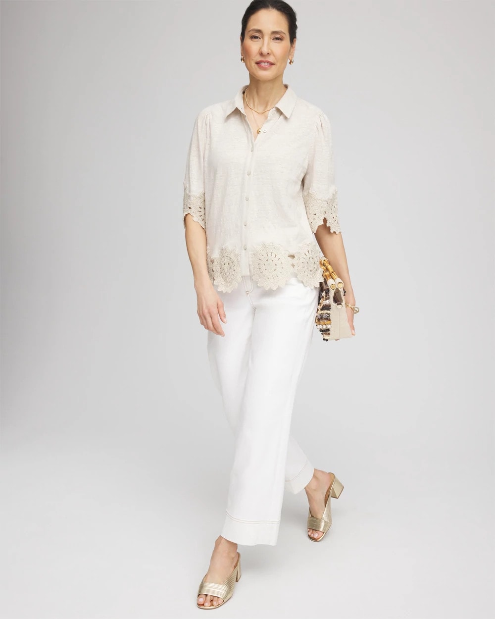 River Rock Crochet Trim Linen Shirt