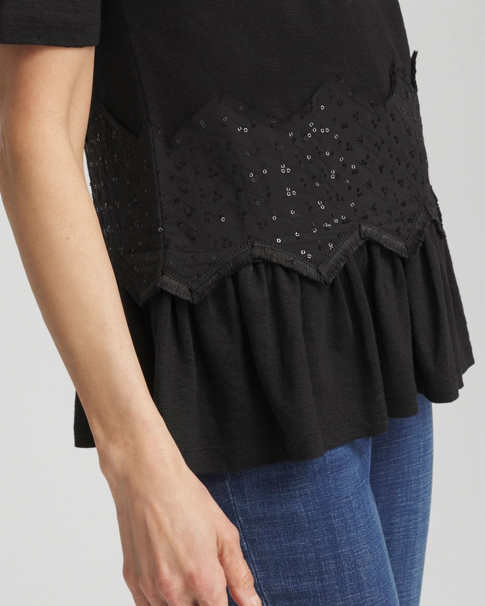 Black Chevron Sequin Peplum Linen Tee