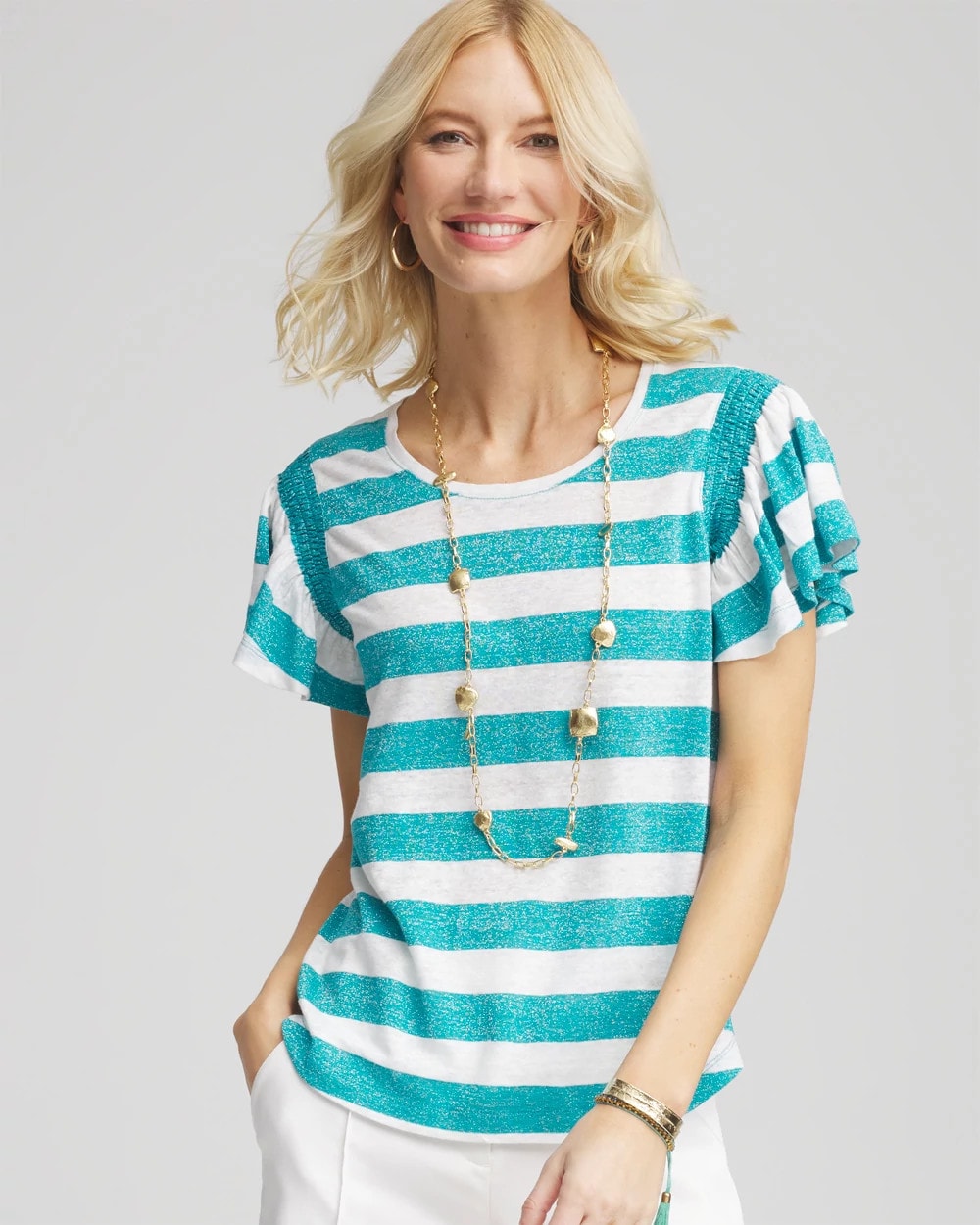 Seaspray Linen Metallic Striped Flutter-Sleeve Tee