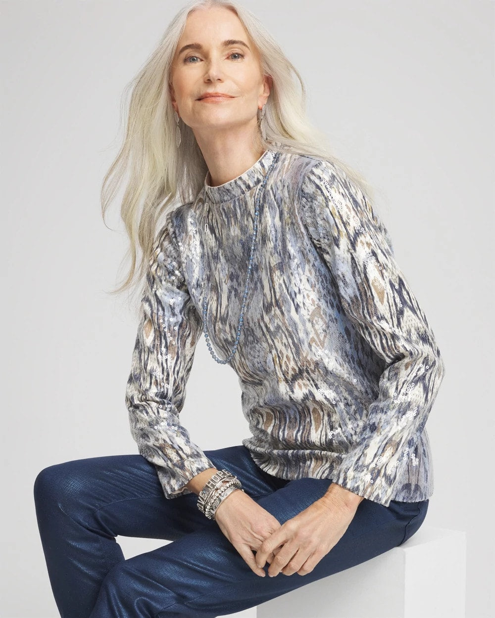 Classic Navy Sequin Reptile Funnel Neck tee