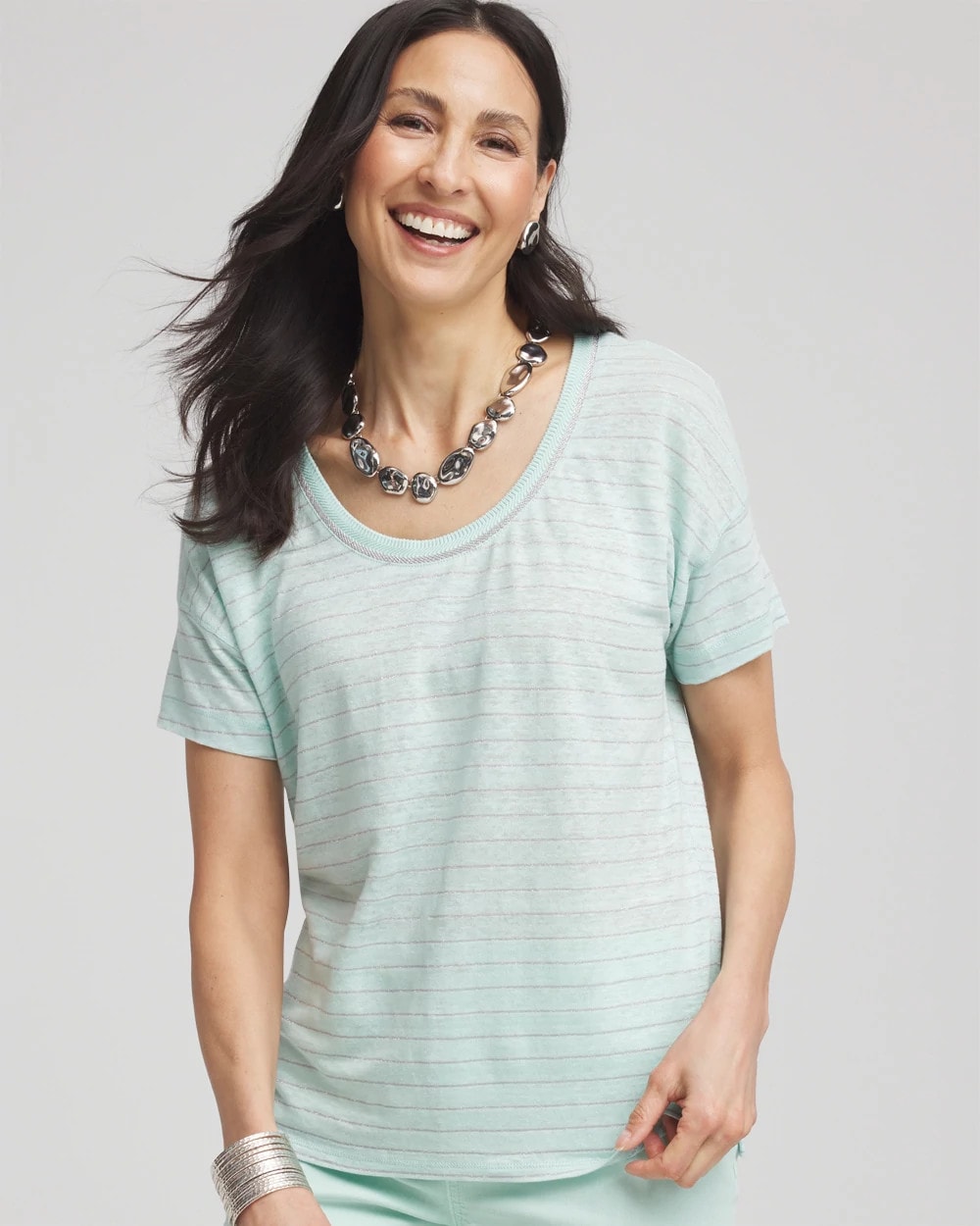 Teal Waters Striped Sweater-Trim Linen Tee