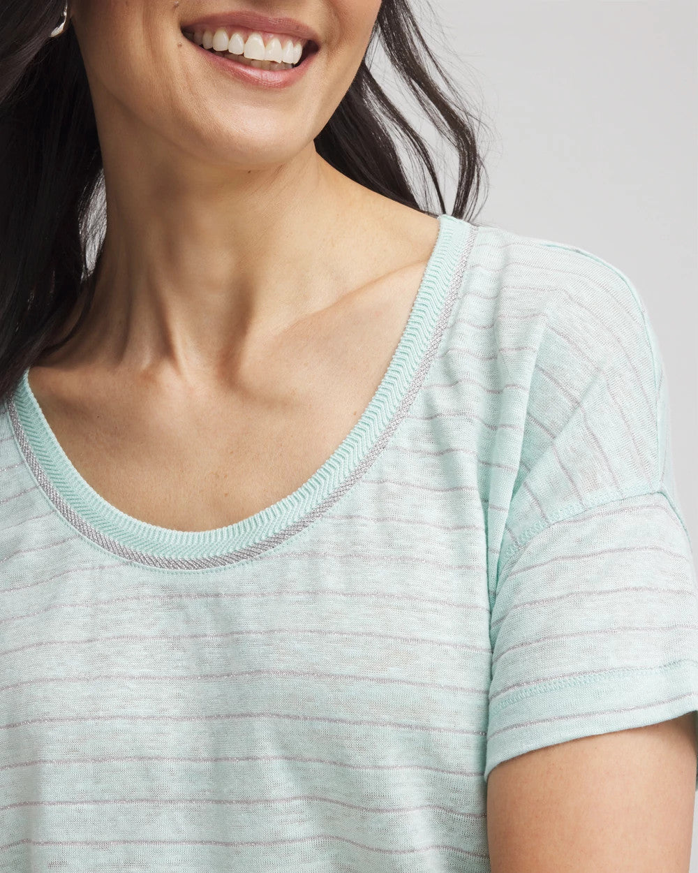 Teal Waters Striped Sweater-Trim Linen Tee