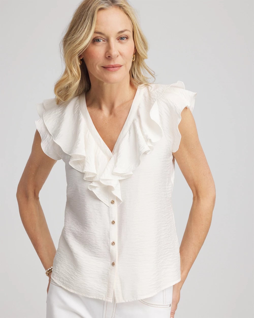 Ecru Crepe Ruffle-Trim Blouse