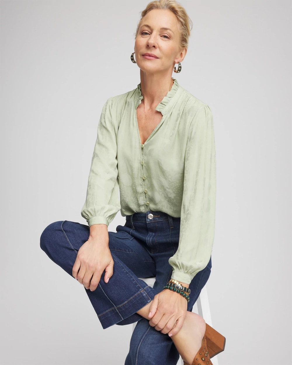 Sage Meadow Jacquard Georgette Peasant Blouse