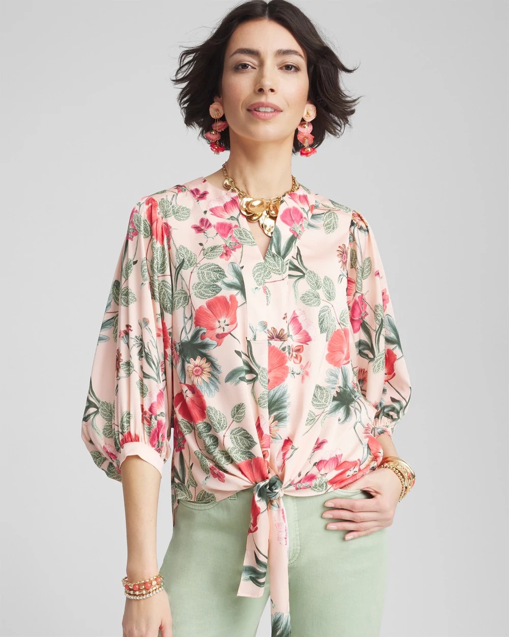 Coral Blossom Floral Satin Tie-Front Pullover Top