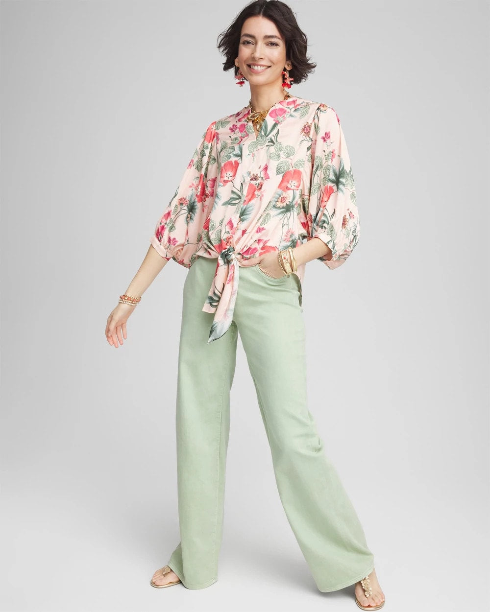 Coral Blossom Floral Satin Tie-Front Pullover Top