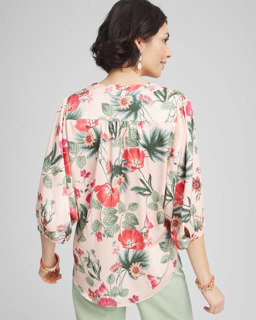 Coral Blossom Floral Satin Tie-Front Pullover Top
